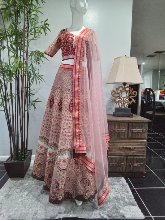Blush Pink & Burgundy Floral Embroidered Lehenga Set with Matching Dupatta (3-Piece) - Devi's Exclusive Fashion