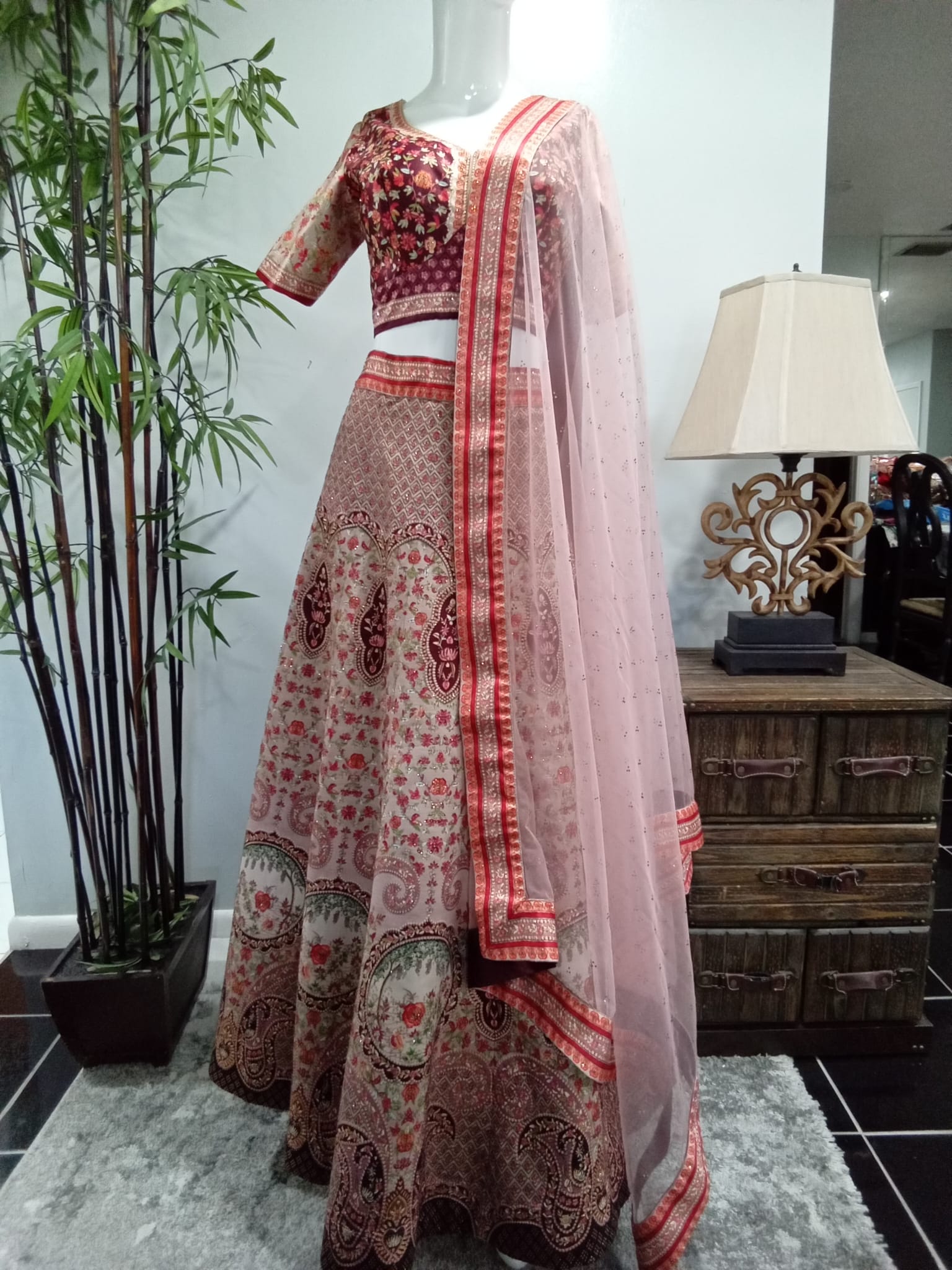 Blush Pink & Burgundy Floral Embroidered Lehenga Set with Matching Dupatta (3-Piece) - Devi's Exclusive Fashion