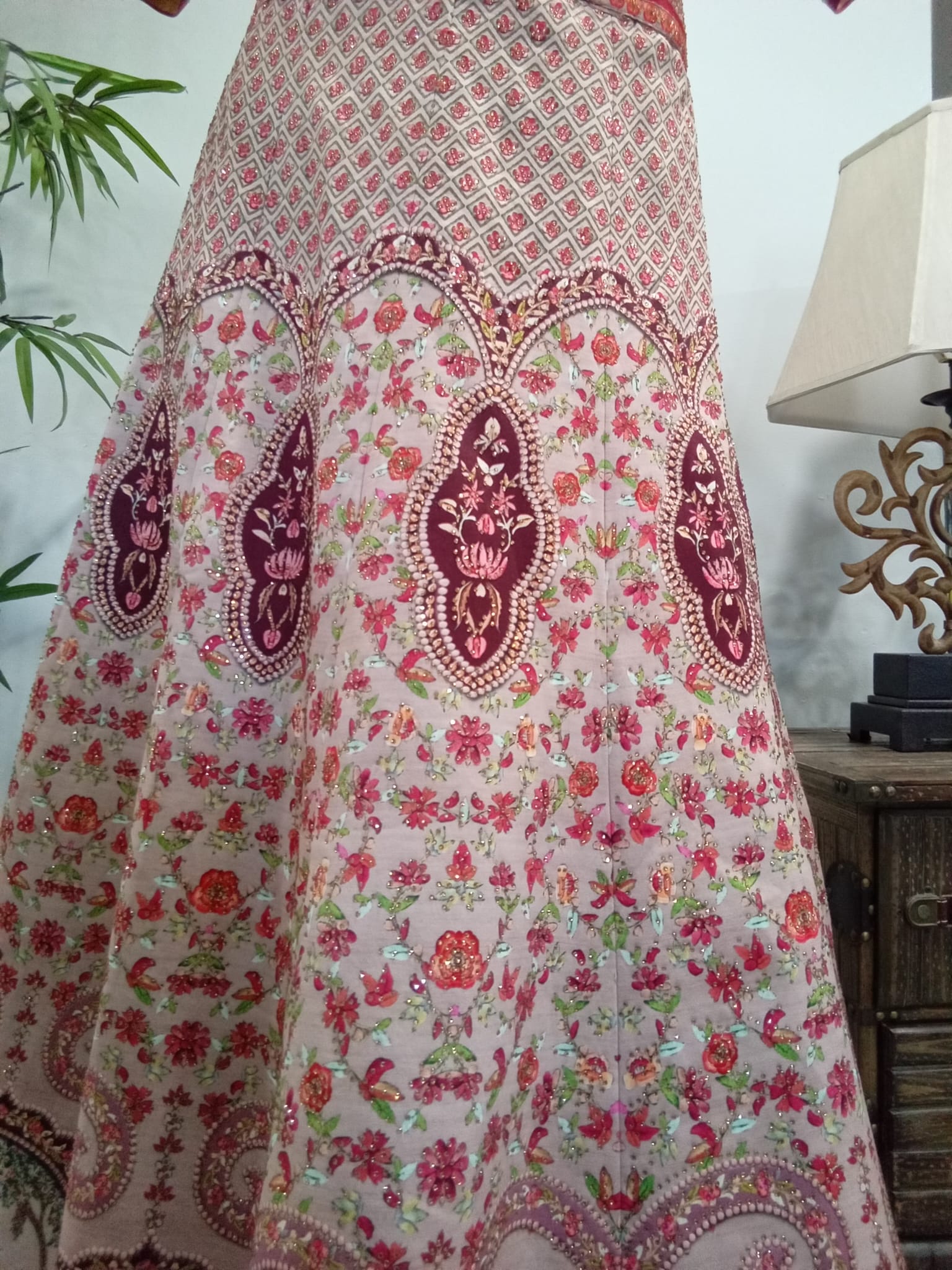 Blush Pink & Burgundy Floral Embroidered Lehenga Set with Matching Dupatta (3-Piece) - Devi's Exclusive Fashion