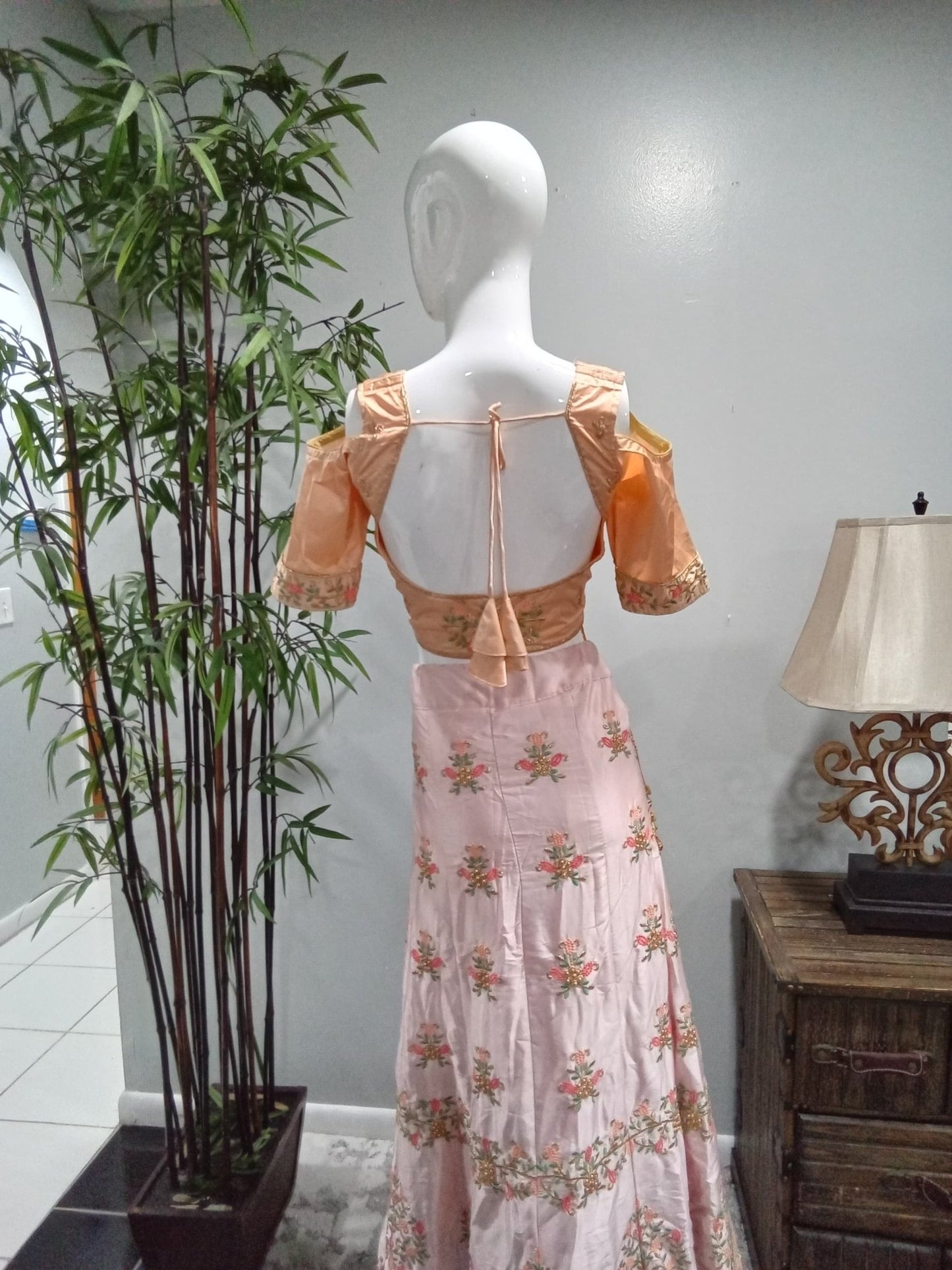 Blush Pink Embroidered Lehenga Set with Mint Green Dupatta (3-Piece) - Devi's Exclusive Fashion