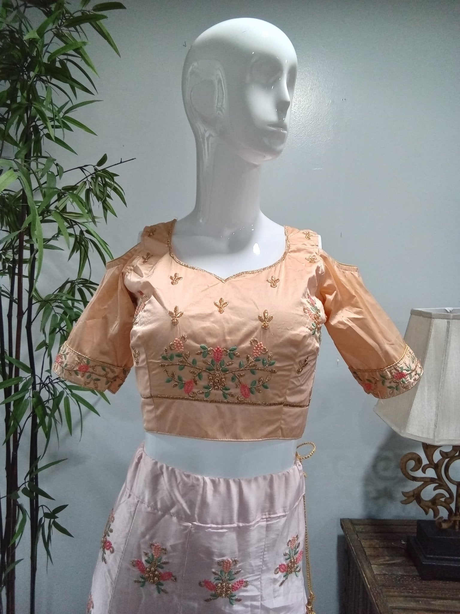 Blush Pink Embroidered Lehenga Set with Mint Green Dupatta (3-Piece) - Devi's Exclusive Fashion