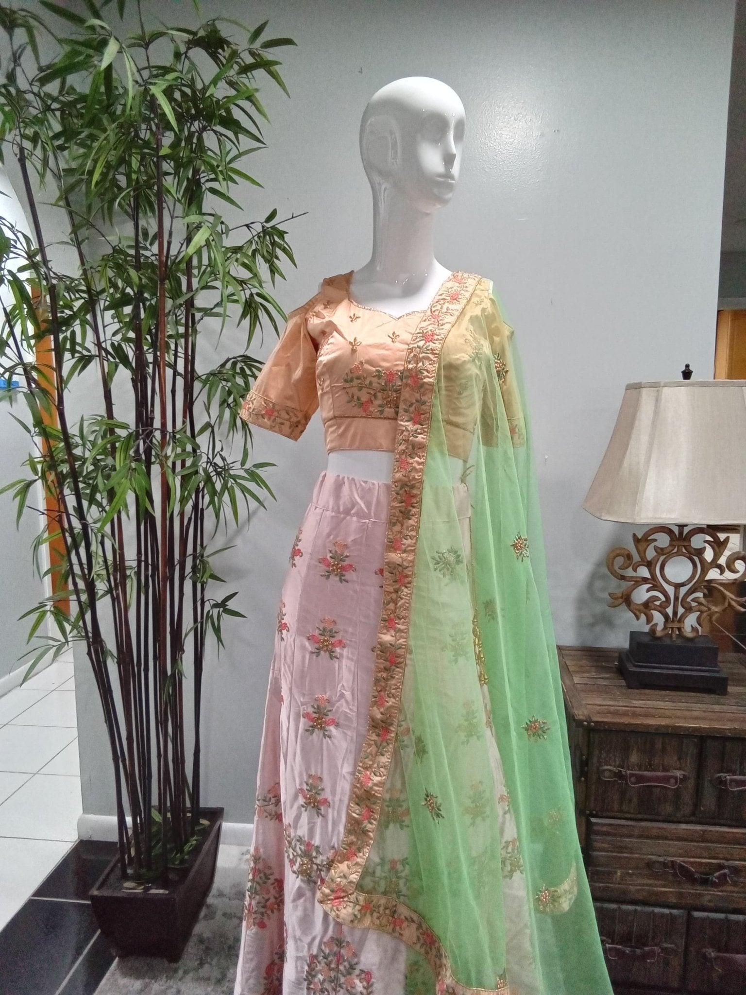 Blush Pink Embroidered Lehenga Set with Mint Green Dupatta (3-Piece) - Devi's Exclusive Fashion