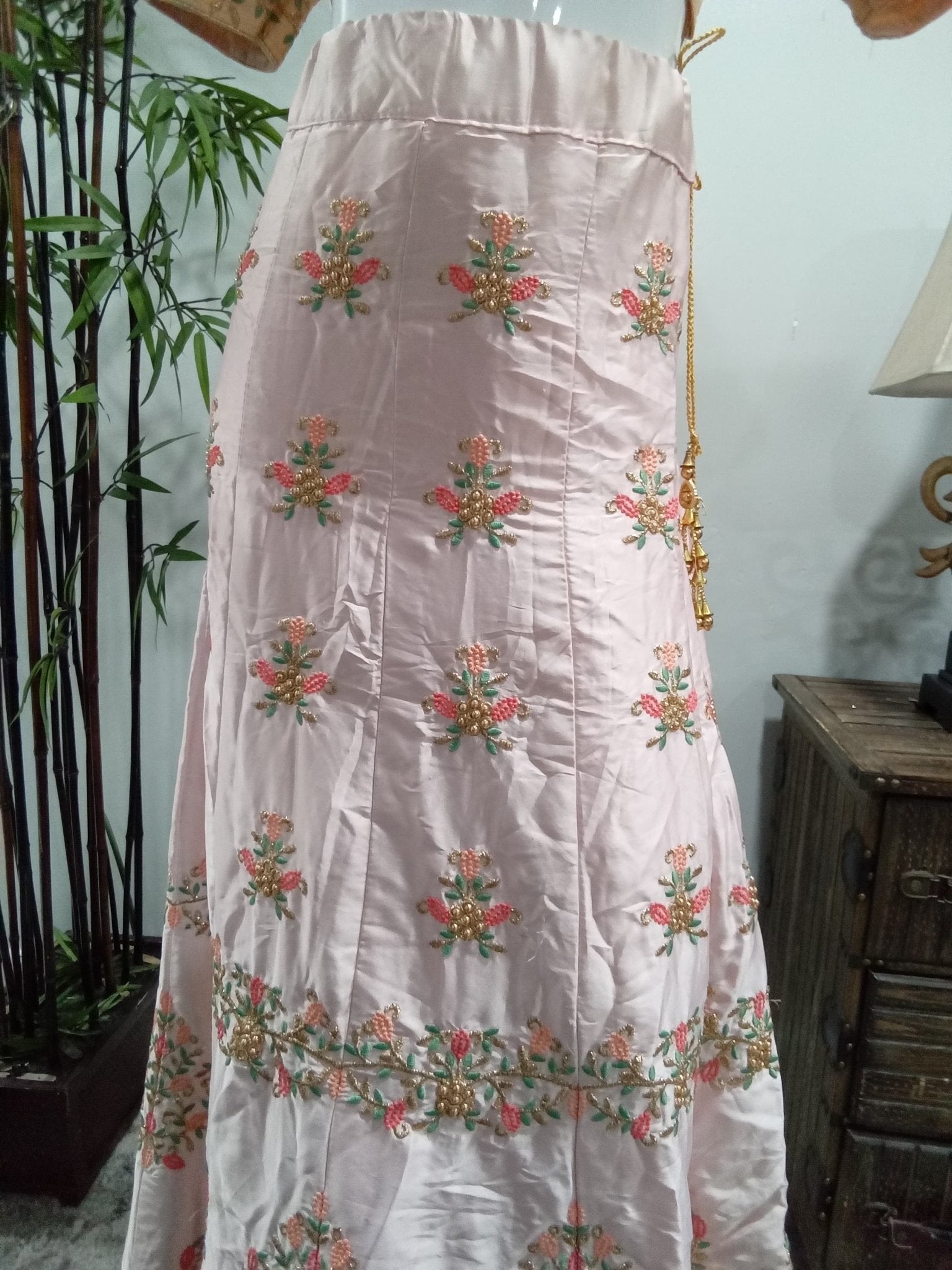 Blush Pink Embroidered Lehenga Set with Mint Green Dupatta (3-Piece) - Devi's Exclusive Fashion
