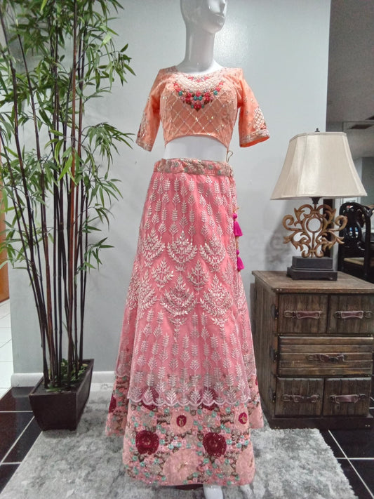 Blush Pink Floral Embroidered Designer Lehenga Set (3-Piece) - Devi's Exclusive Fashion