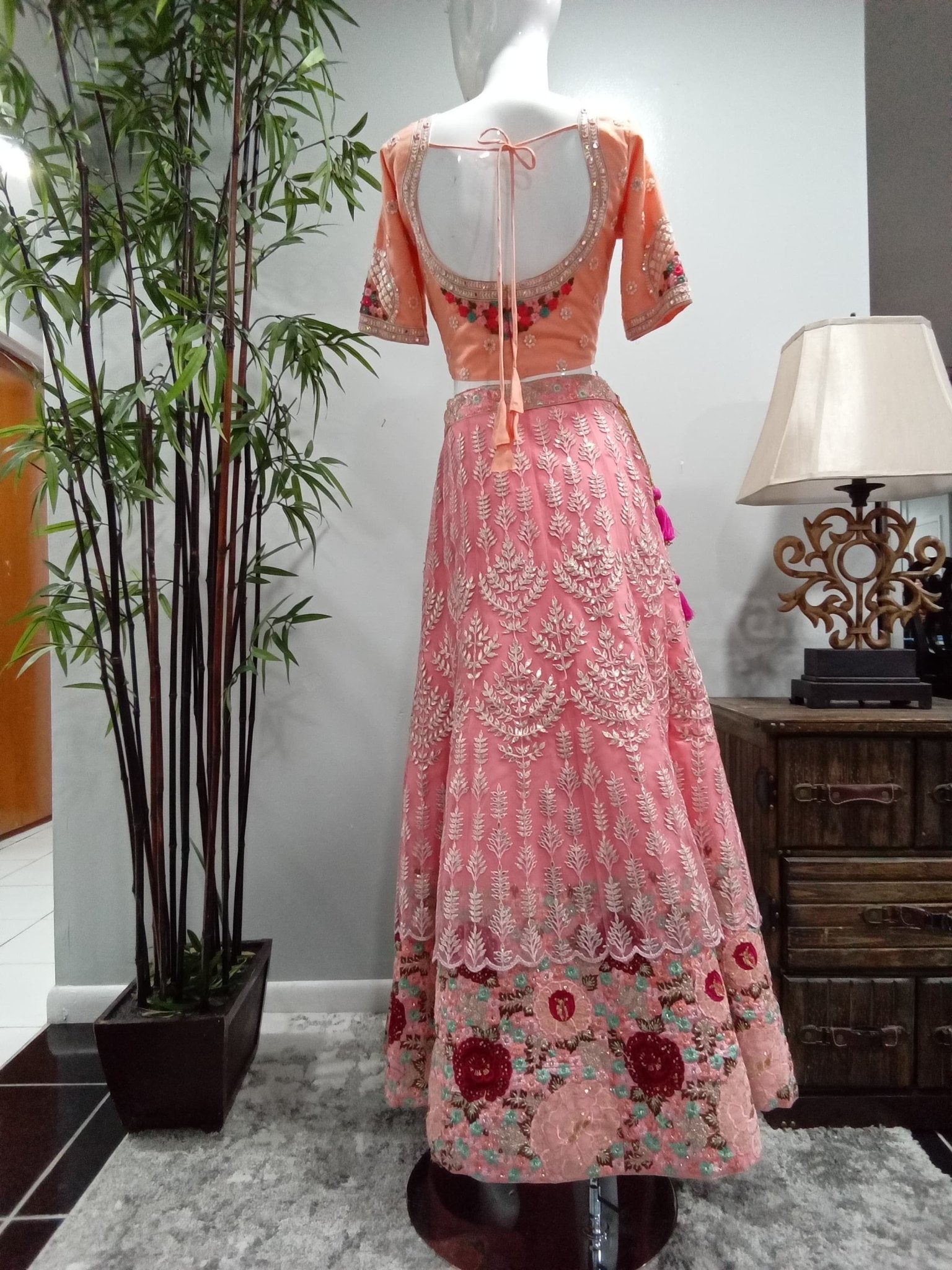 Blush Pink Floral Embroidered Designer Lehenga Set (3-Piece) - Devi's Exclusive Fashion
