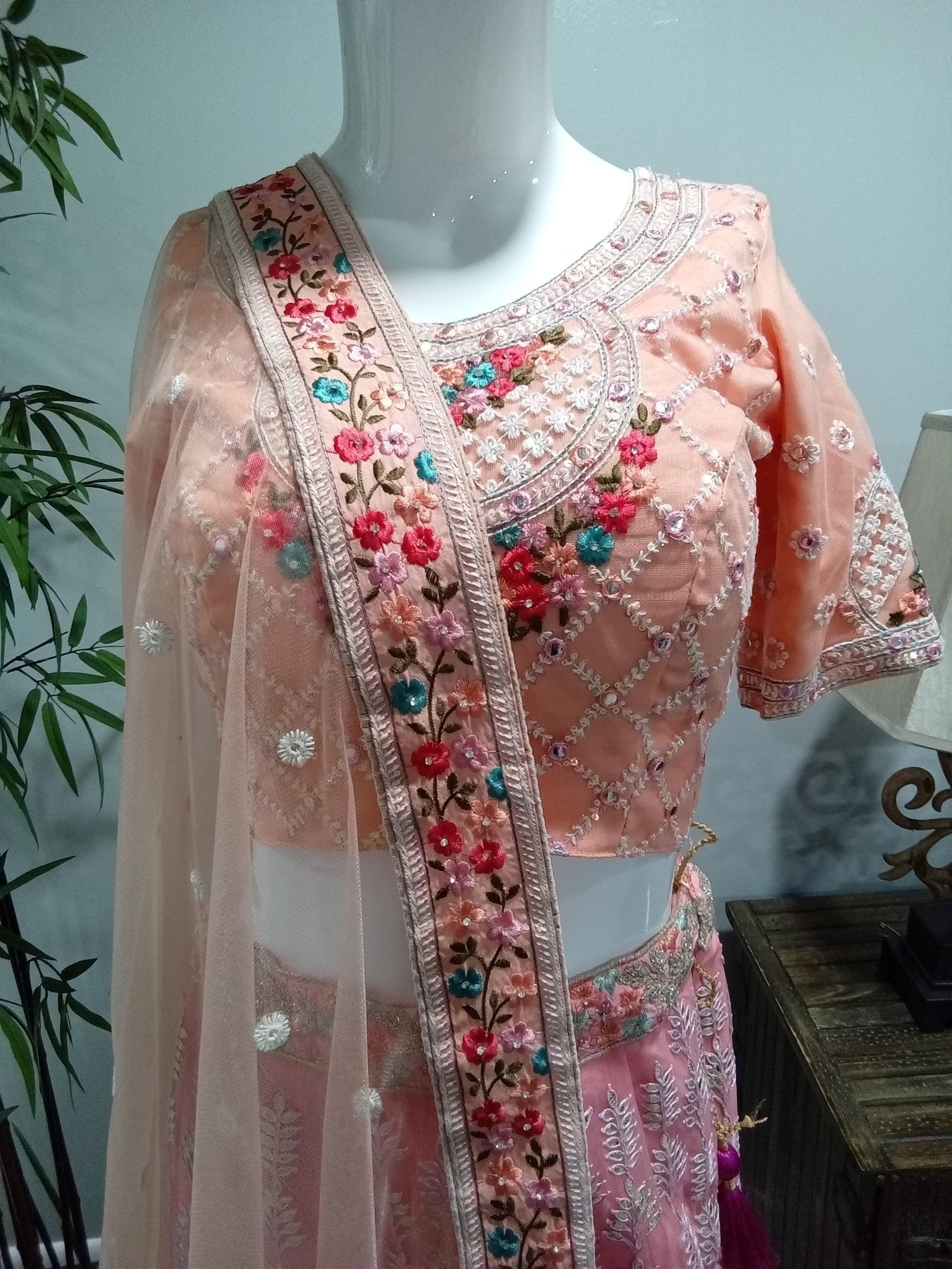 Blush Pink Floral Embroidered Designer Lehenga Set (3-Piece) - Devi's Exclusive Fashion