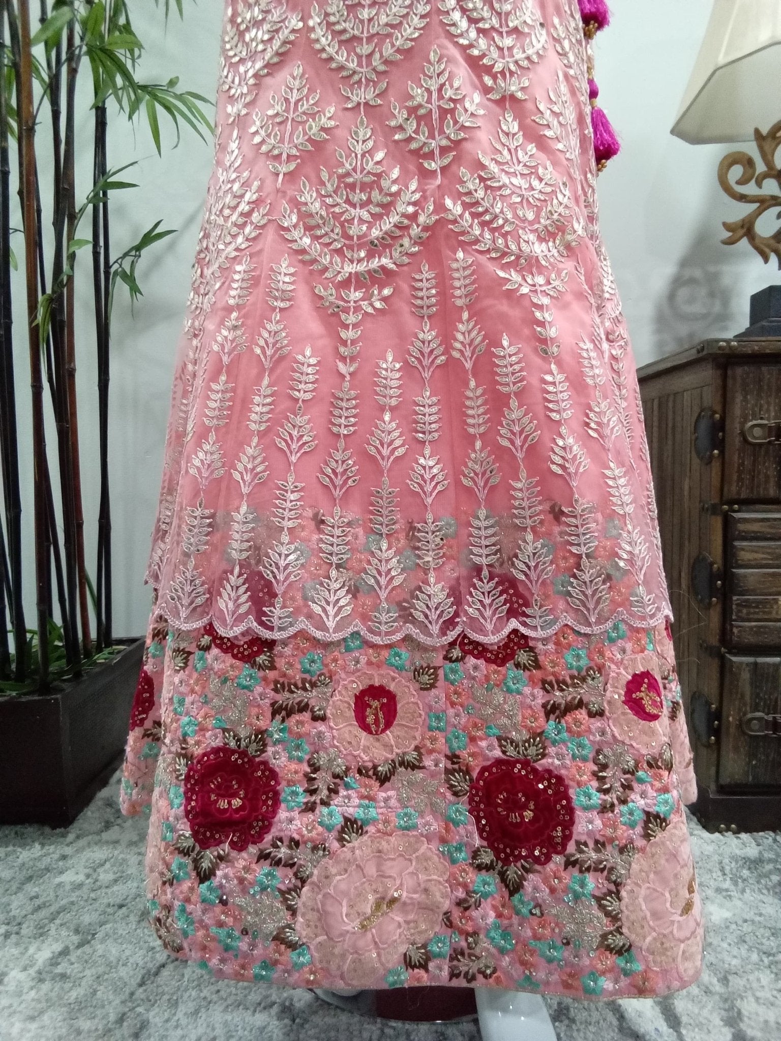 Blush Pink Floral Embroidered Designer Lehenga Set (3-Piece) - Devi's Exclusive Fashion