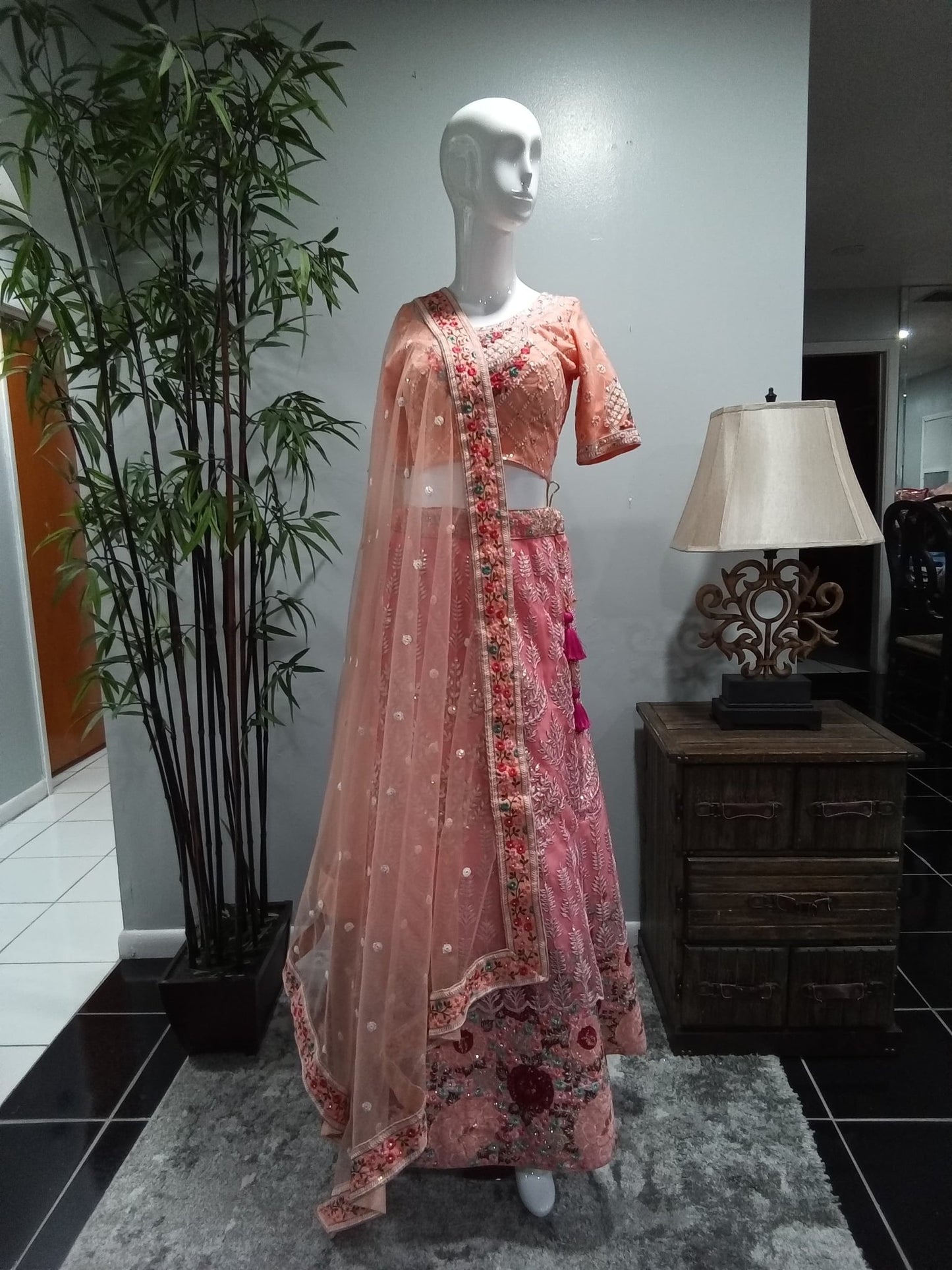 Blush Pink Floral Embroidered Designer Lehenga Set (3-Piece) - Devi's Exclusive Fashion