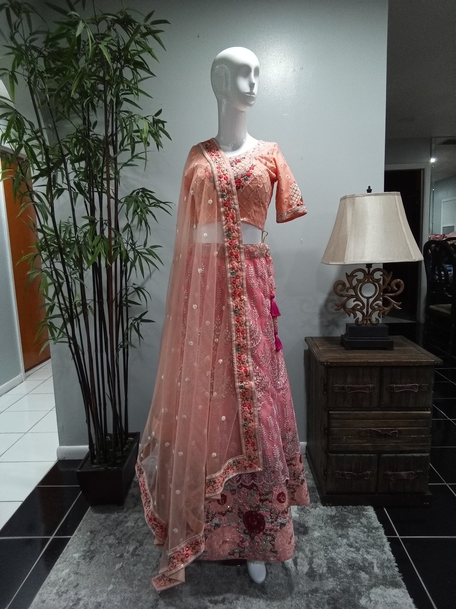 Blush Pink Floral Embroidered Designer Lehenga Set (3-Piece) - Devi's Exclusive Fashion