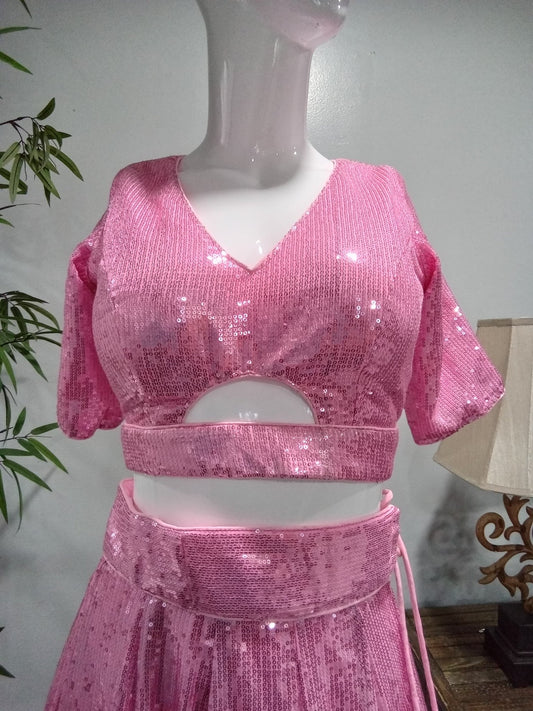 Blush Pink Sequin Lehenga Set with Matching Dupatta (3-Piece) - Devi's Exclusive Fashion