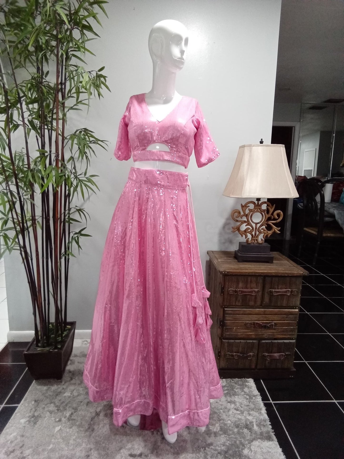Blush Pink Sequin Lehenga Set with Matching Dupatta (3-Piece) - Devi's Exclusive Fashion