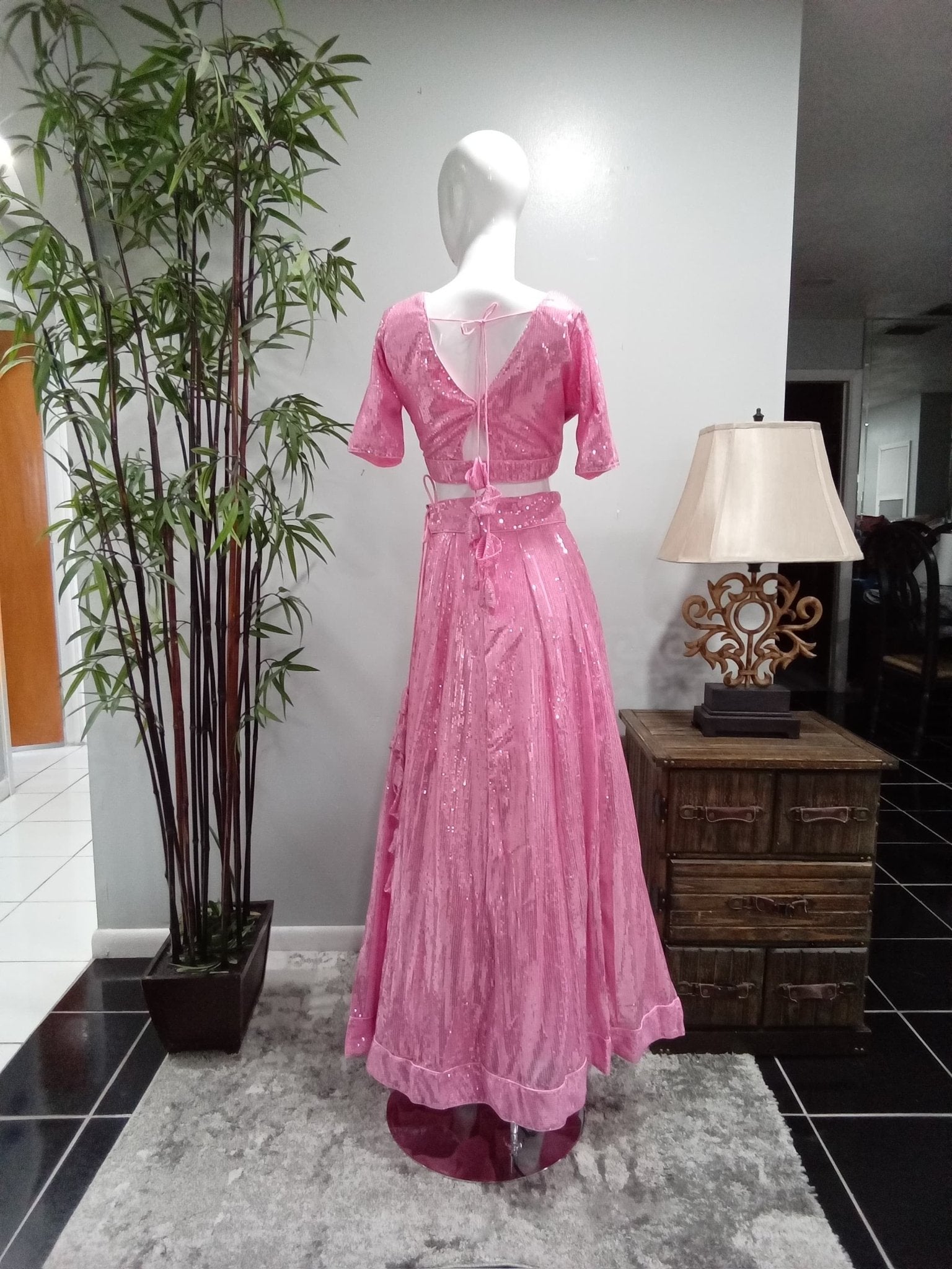 Blush Pink Sequin Lehenga Set with Matching Dupatta (3-Piece) - Devi's Exclusive Fashion