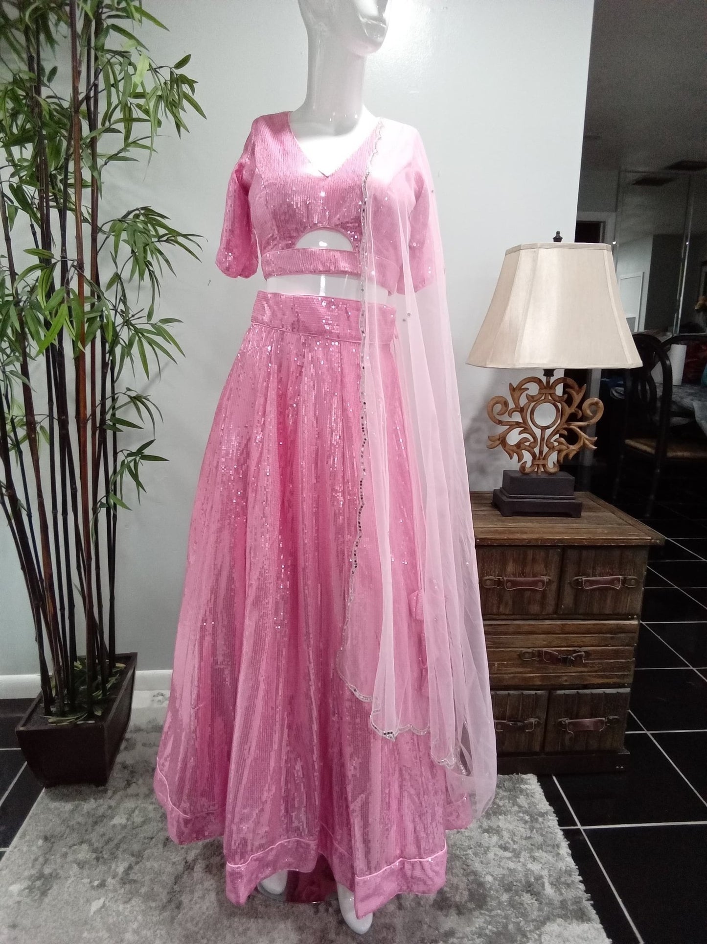 Blush Pink Sequin Lehenga Set with Matching Dupatta (3-Piece) - Devi's Exclusive Fashion