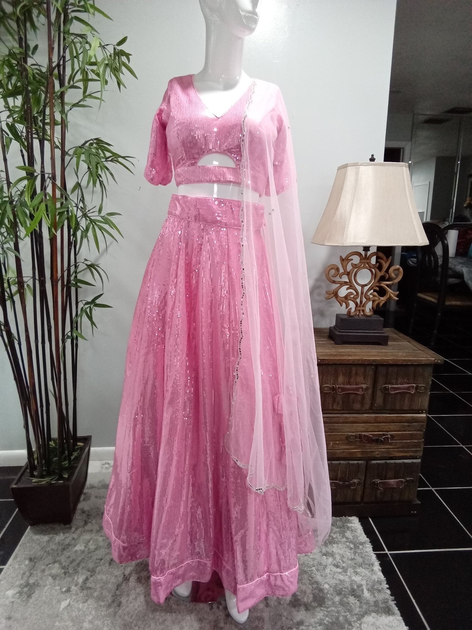 Blush Pink Sequin Lehenga Set with Matching Dupatta (3-Piece) - Devi's Exclusive Fashion