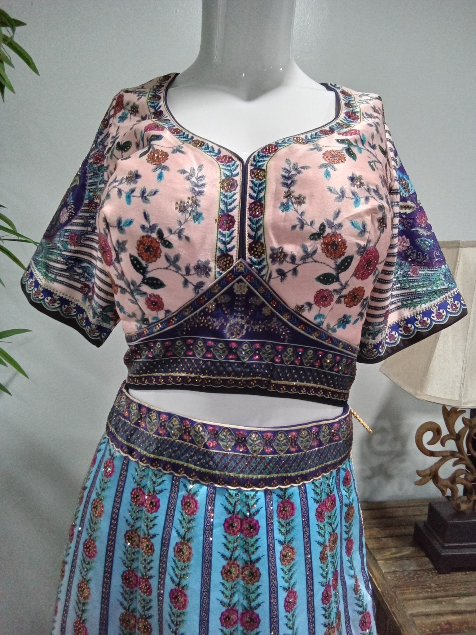 Blush Pink & Sky Blue Floral Designer Lehenga Set with Matching Dupatta (3-Piece) - Devi's Exclusive Fashion