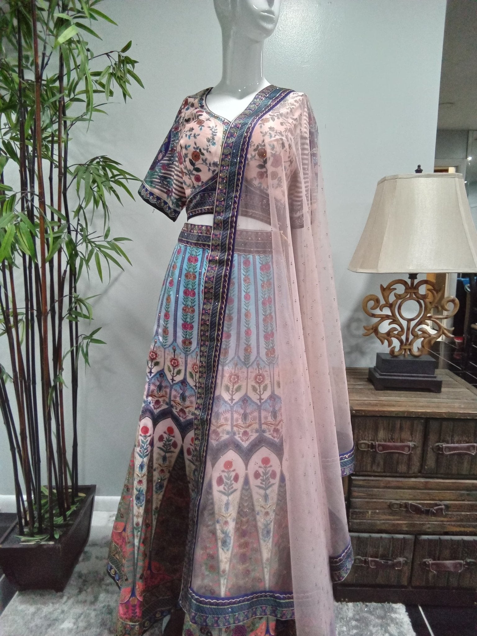 Blush Pink & Sky Blue Floral Designer Lehenga Set with Matching Dupatta (3-Piece) - Devi's Exclusive Fashion