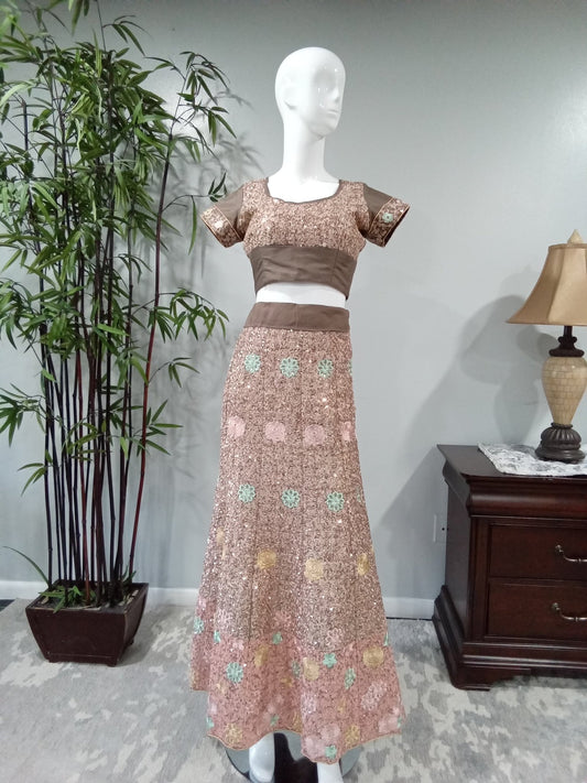 Brown Embroidered 3-Piece Lehenga with Gold Threadwork - Devi's Exclusive Fashion