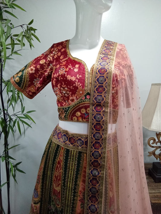 Burgundy & Emerald Floral Designer Lehenga Set with Blush Pink Dupatta (3-Piece) - Devi's Exclusive Fashion