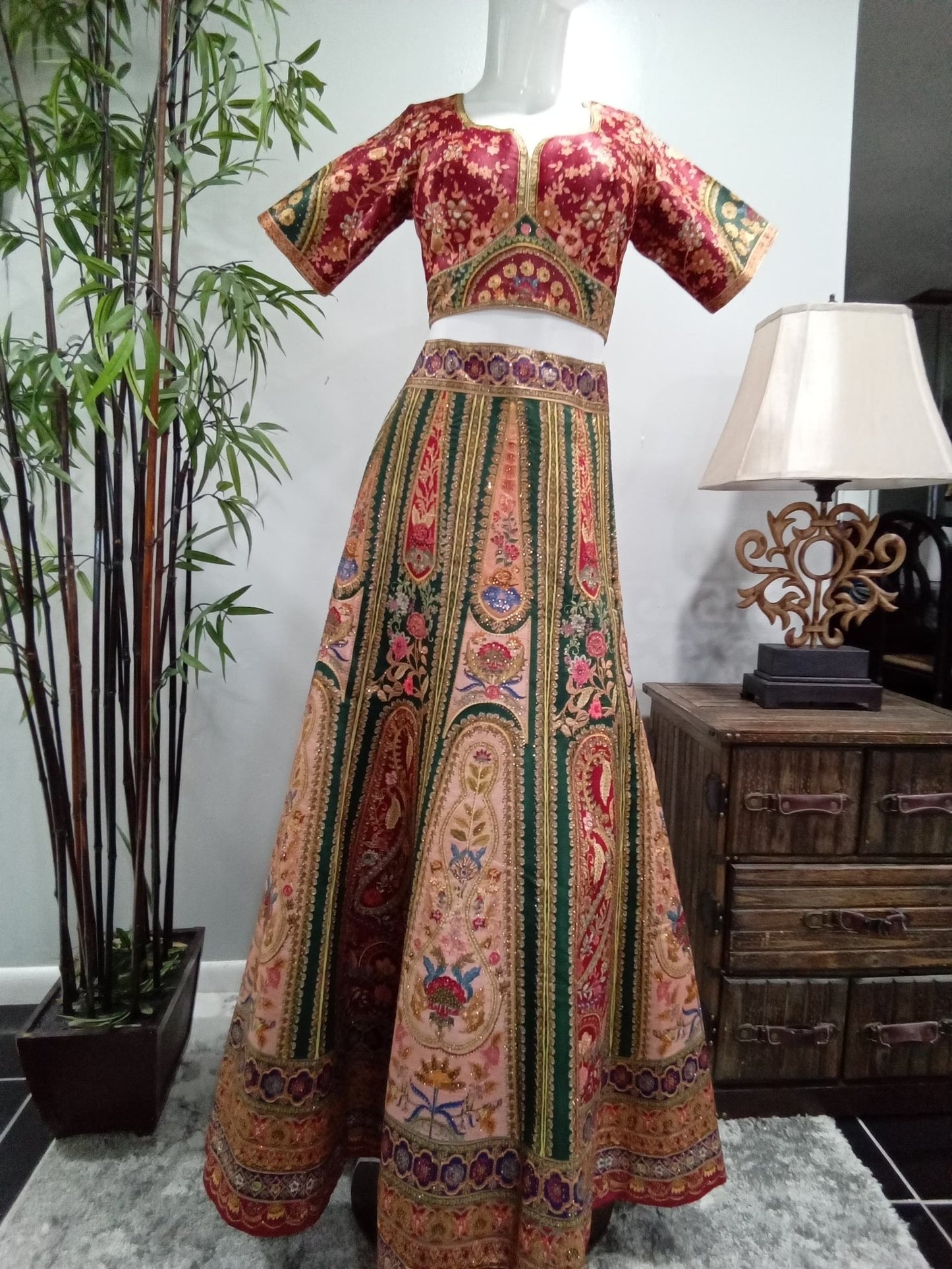 Burgundy & Emerald Floral Designer Lehenga Set with Blush Pink Dupatta (3-Piece) - Devi's Exclusive Fashion