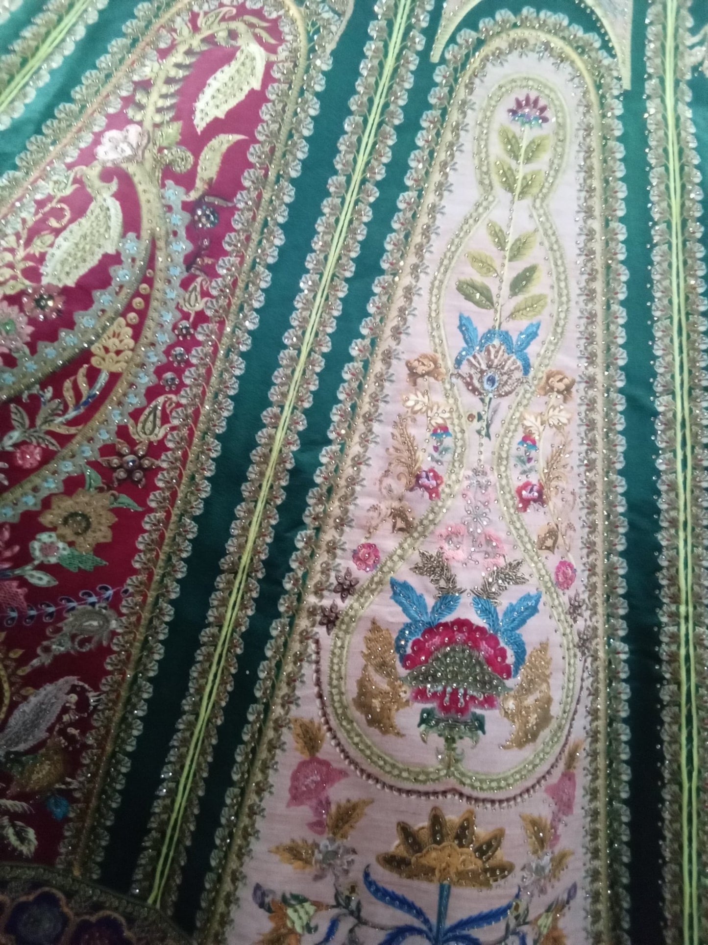 Burgundy & Emerald Floral Designer Lehenga Set with Blush Pink Dupatta (3-Piece) - Devi's Exclusive Fashion