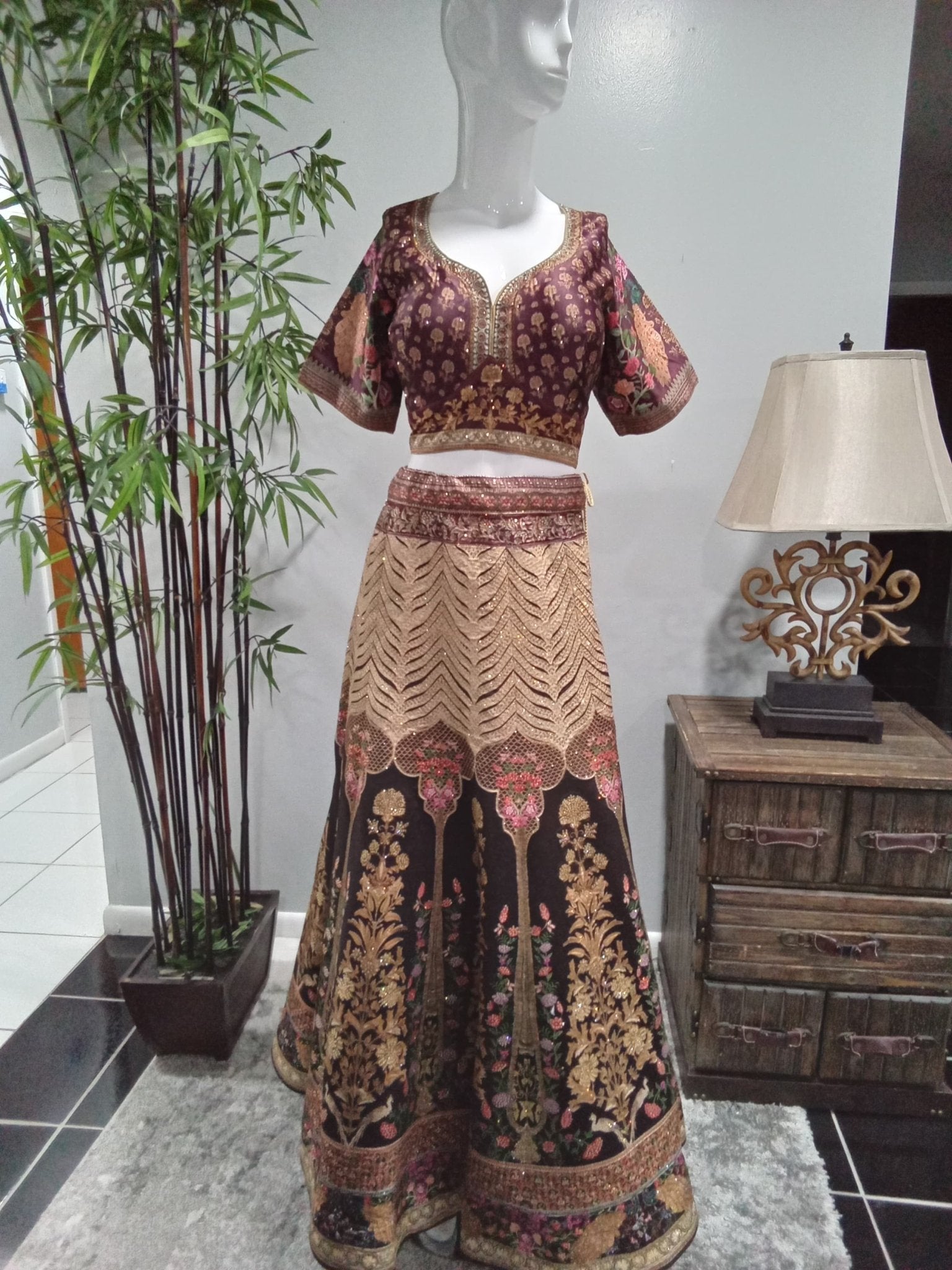 Burgundy & Gold Embroidered Designer Lehenga Set (3-Piece) - Devi's Exclusive Fashion