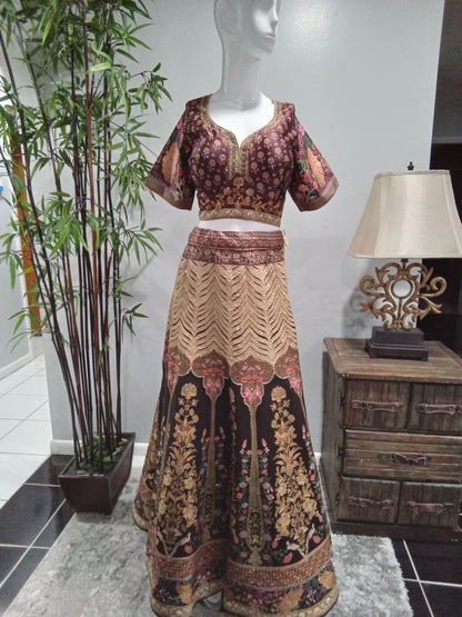 Burgundy & Gold Embroidered Designer Lehenga Set (3-Piece) - Devi's Exclusive Fashion