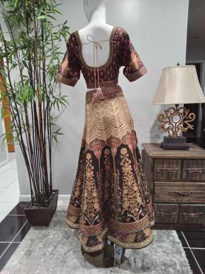 Burgundy & Gold Embroidered Designer Lehenga Set (3-Piece) - Devi's Exclusive Fashion