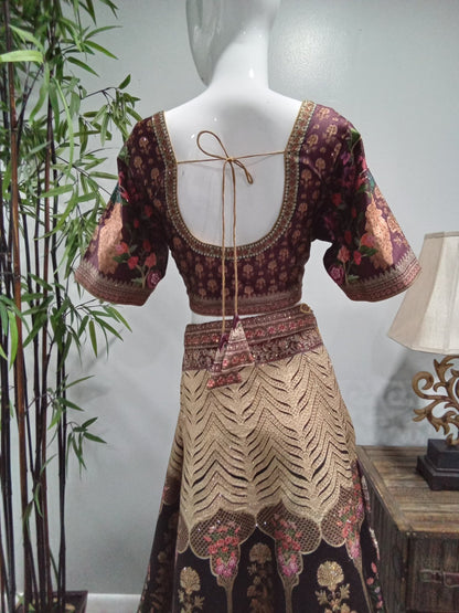Burgundy & Gold Embroidered Designer Lehenga Set (3-Piece) - Devi's Exclusive Fashion