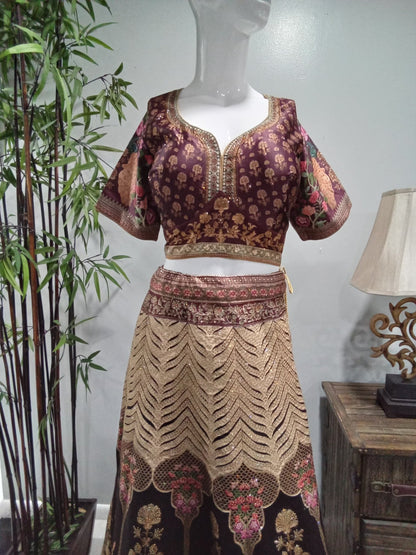 Burgundy & Gold Embroidered Designer Lehenga Set (3-Piece) - Devi's Exclusive Fashion