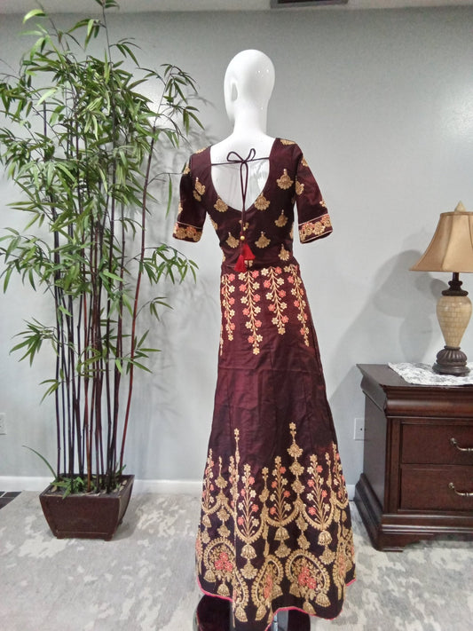 Burgundy Pink and Gold 3-Piece Lehenga - Devi's Exclusive Fashion
