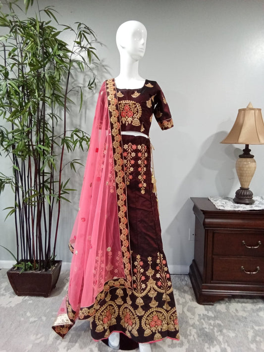 Burgundy Pink and Gold 3-Piece Lehenga - Devi's Exclusive Fashion