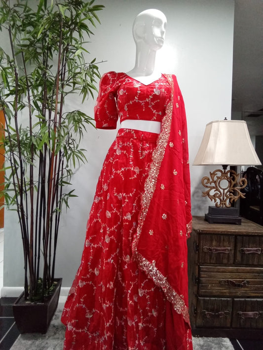 Classic Red & Gold Embroidered Lehenga Set with Dupatta - Devi's Exclusive Fashion
