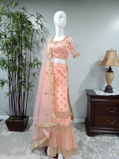 Coral and Gold 3-Piece Lehenga with Floral Borders - Devi's Exclusive Fashion