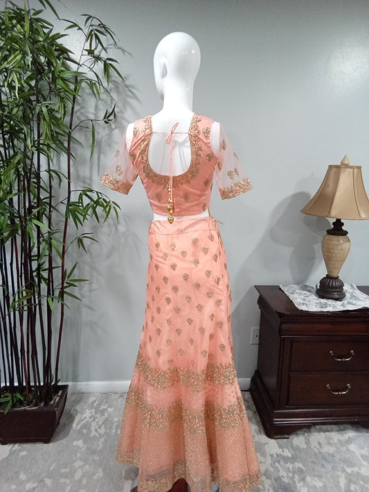 Coral and Gold 3-Piece Lehenga with Floral Borders - Devi's Exclusive Fashion