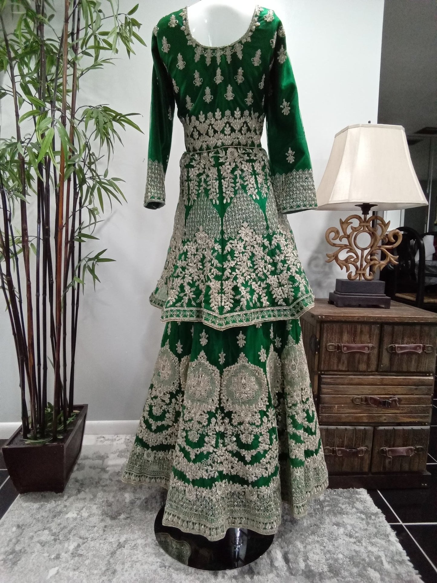 Emerald Green Embroidered Sharara Set with Matching Dupatta (3-Piece) - Devi's Exclusive Fashion