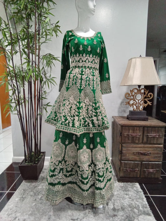 Emerald Green Embroidered Sharara Set with Matching Dupatta (3-Piece) - Devi's Exclusive Fashion