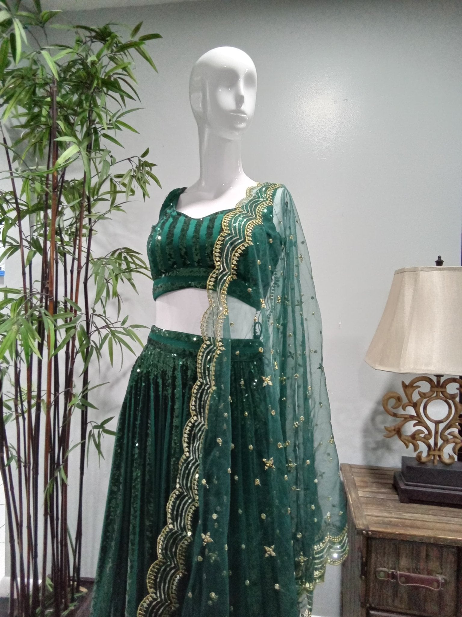 Emerald Green Sequined Lehenga Set with Embroidered Dupatta (3-Piece) - Devi's Exclusive Fashion