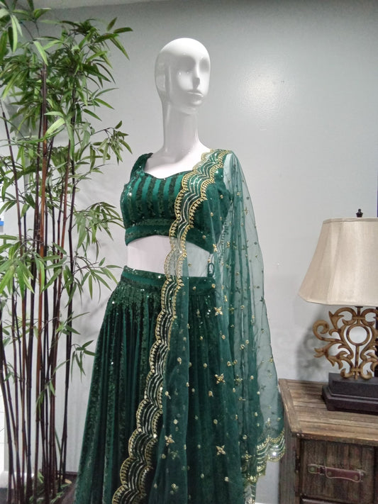 Emerald Green Sequined Lehenga Set with Embroidered Dupatta (3-Piece) - Devi's Exclusive Fashion
