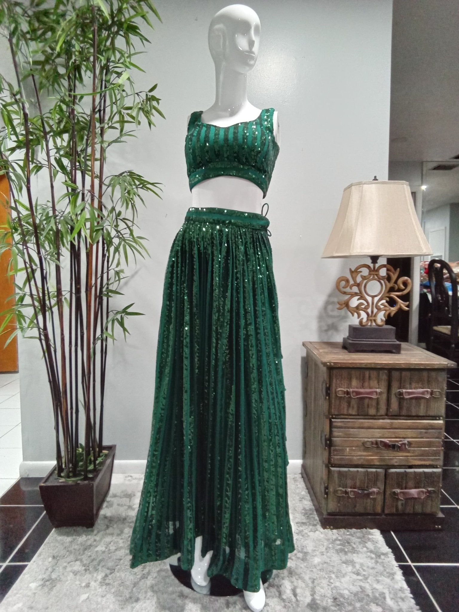 Emerald Green Sequined Lehenga Set with Embroidered Dupatta (3-Piece) - Devi's Exclusive Fashion
