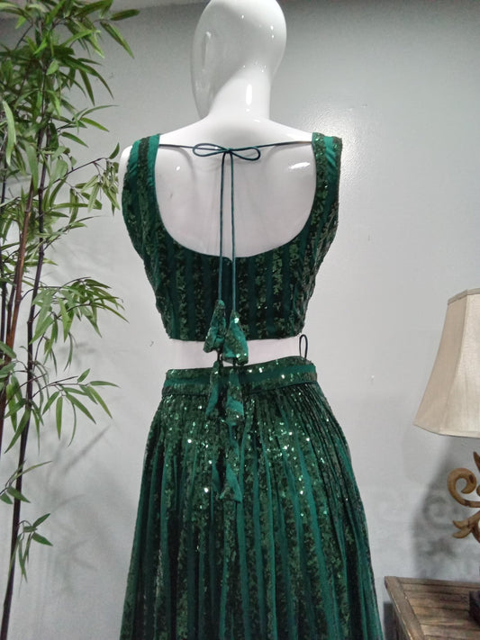 Emerald Green Sequined Lehenga Set with Embroidered Dupatta (3-Piece) - Devi's Exclusive Fashion