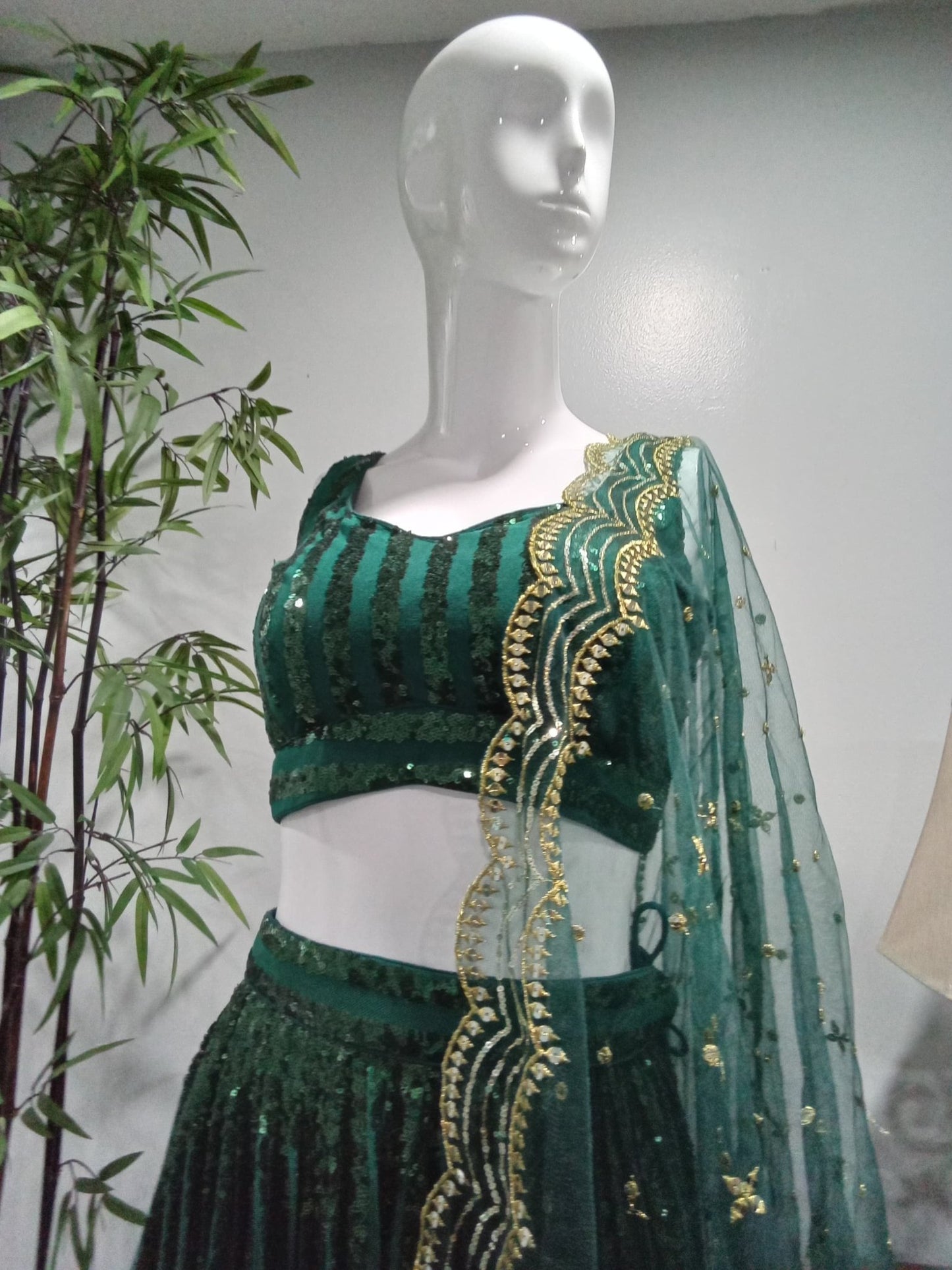 Emerald Green Sequined Lehenga Set with Embroidered Dupatta (3-Piece) - Devi's Exclusive Fashion