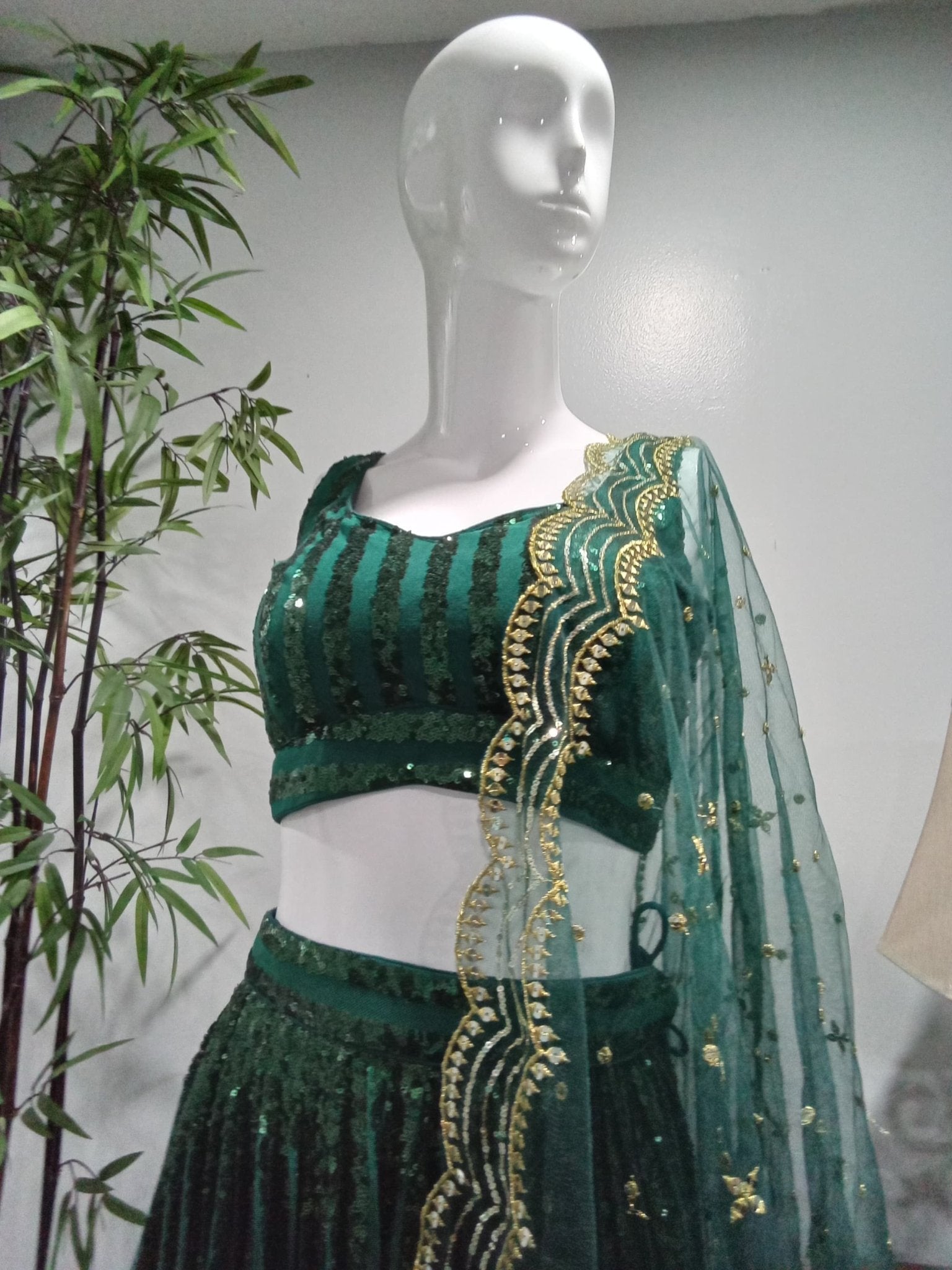 Emerald Green Sequined Lehenga Set with Embroidered Dupatta (3-Piece) - Devi's Exclusive Fashion