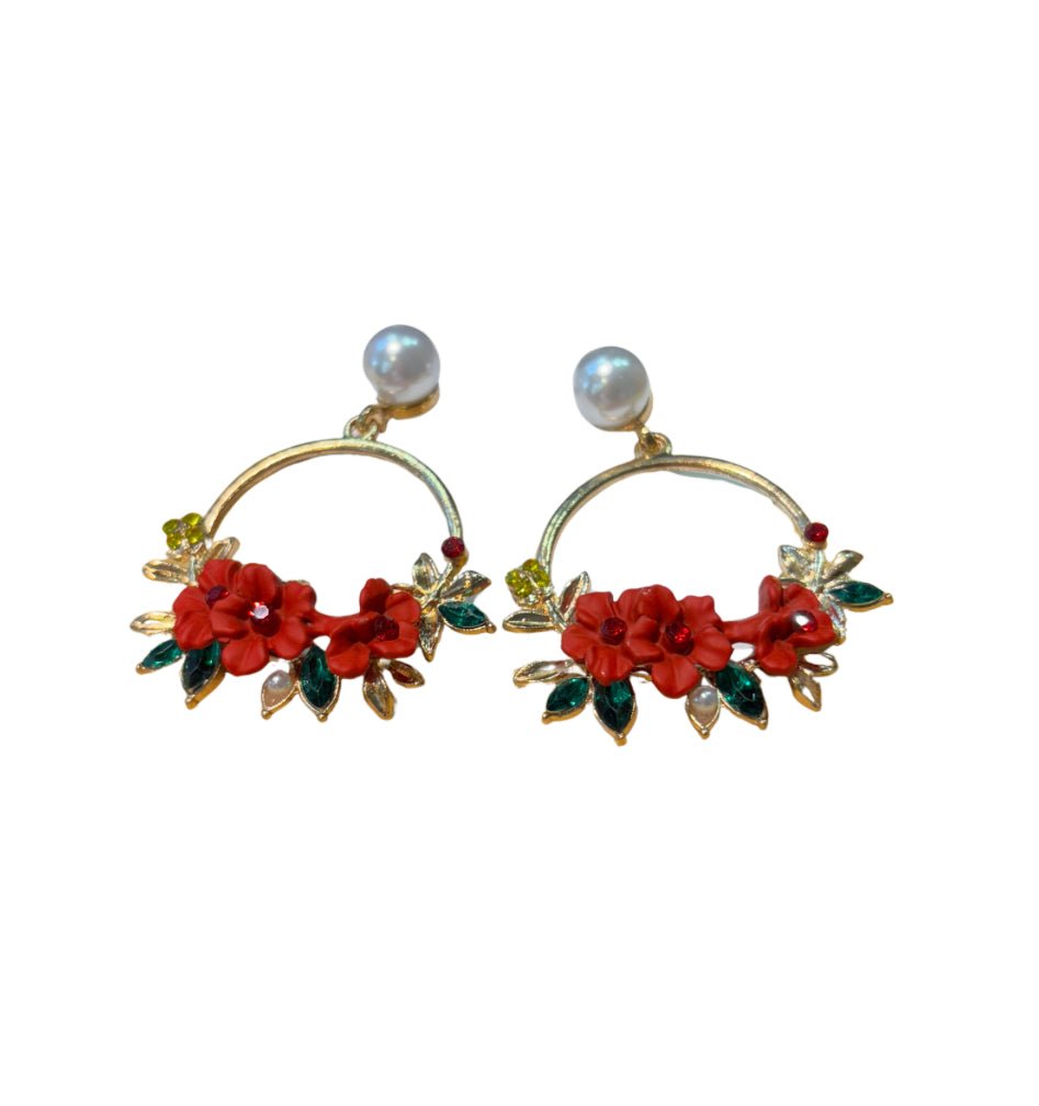 Floral Hoop Earrings with Pearl Accent - Devi's Exclusive Fashion
