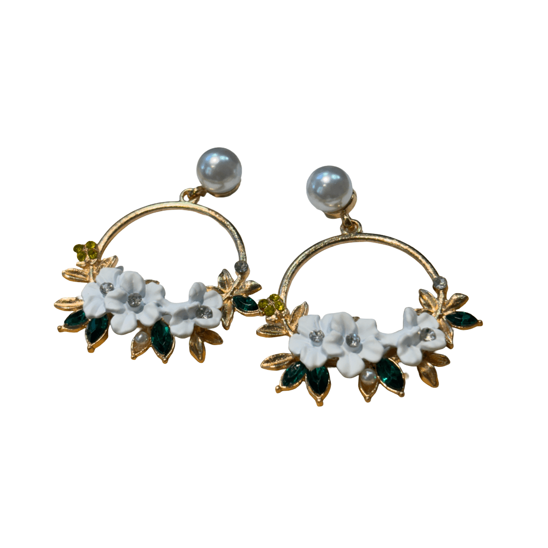 Floral Hoop Earrings with Pearl Accent - Devi's Exclusive Fashion