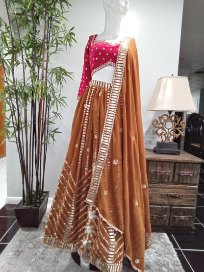 Fuchsia & Copper Mirror Work Lehenga Set with Matching Dupatta (3-Piece) - Devi's Exclusive Fashion
