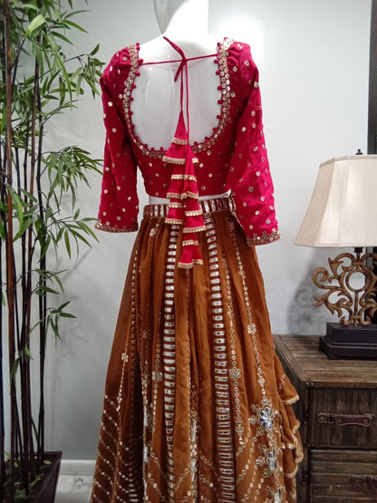 Fuchsia & Copper Mirror Work Lehenga Set with Matching Dupatta (3-Piece) - Devi's Exclusive Fashion