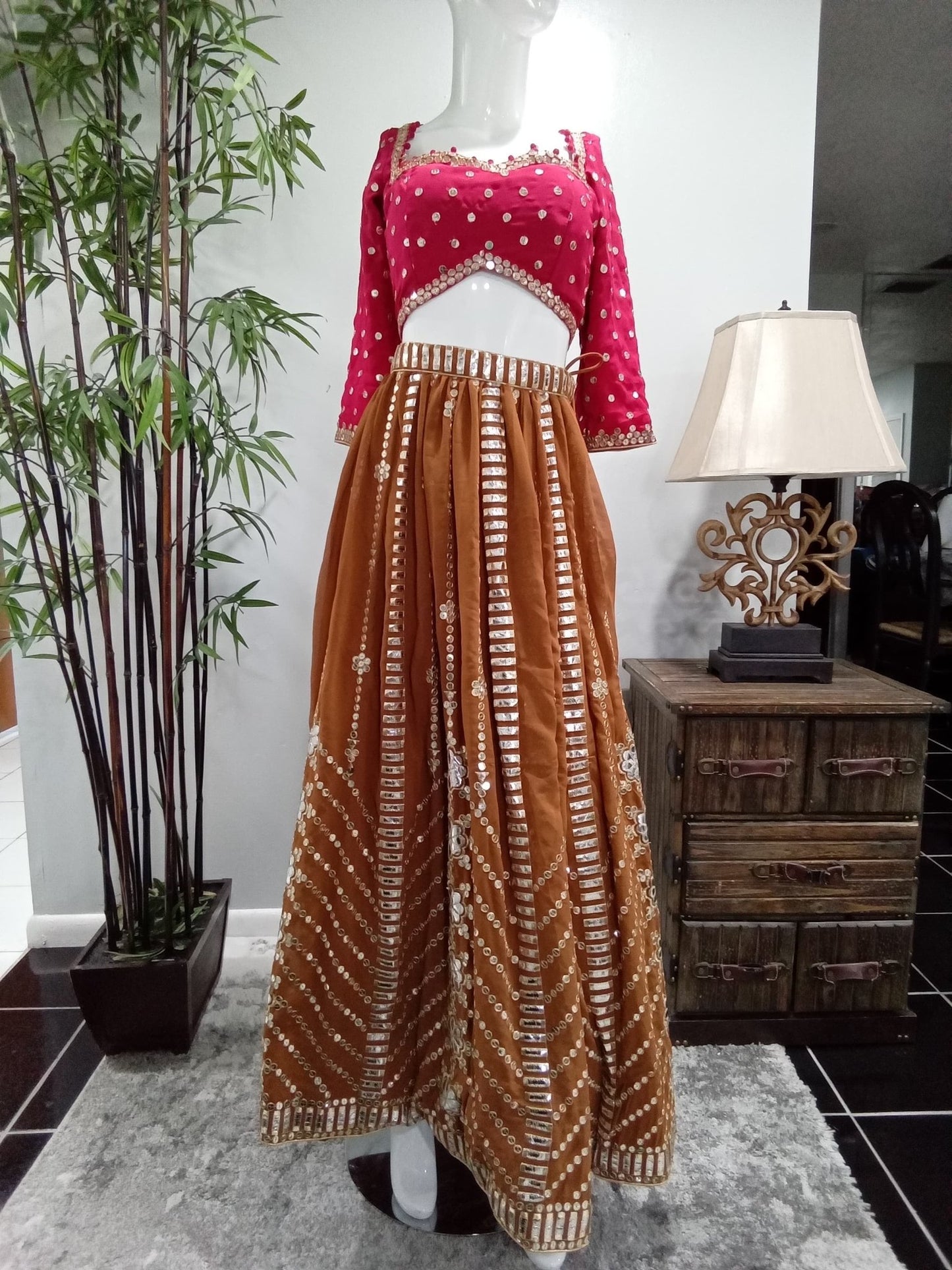 Fuchsia & Copper Mirror Work Lehenga Set with Matching Dupatta (3-Piece) - Devi's Exclusive Fashion