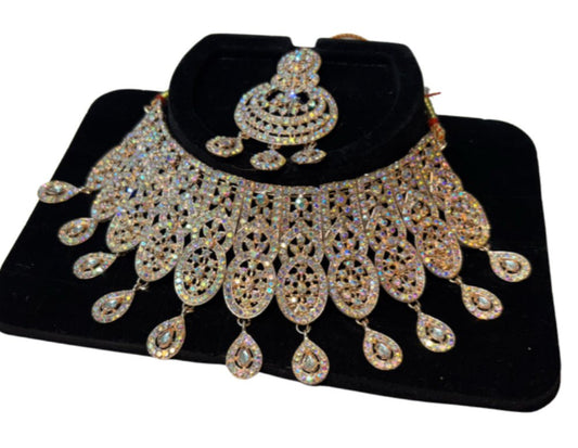 Gold Crystal Statement Bridal Jewelry Set with Earrings & Maang Tikka - Devi's Exclusive Fashion