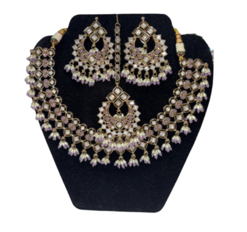 Gold Kundan Style Bridal Jewelry Set with Earrings & Maang Tikka - Devi's Exclusive Fashion
