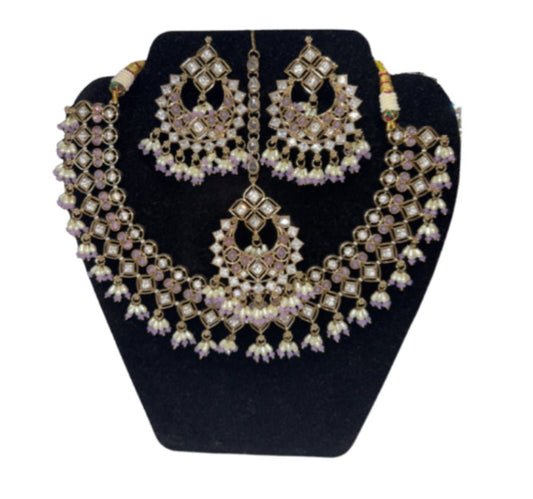Gold Kundan Style Bridal Jewelry Set with Earrings & Maang Tikka - Devi's Exclusive Fashion